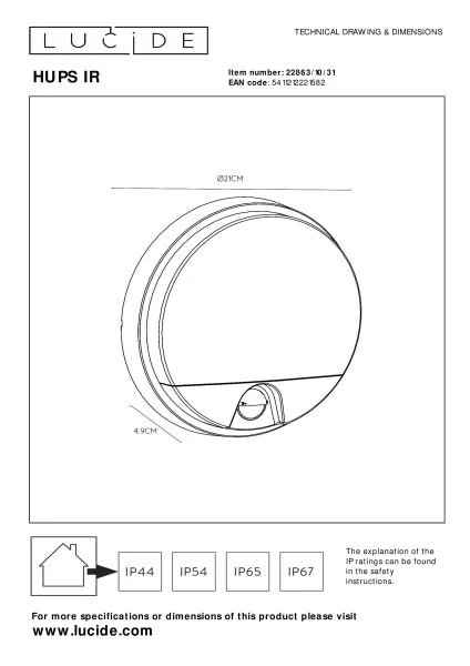 Lucide HUPS IR - Applique murale Intérieur/Extérieur - Ø 21 cm - LED - 1x10W 3000K - IP54- Détecteur De Mouvement & Jour/Nuit - Blanc - technique